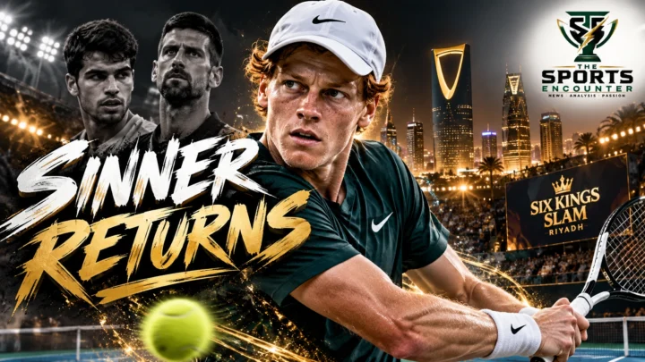 Cinematic editorial illustration of Jannik Sinner returning to the Six Kings Slam in Riyadh in December 2026, with Carlos Alcaraz and Novak Djokovic in the background and The Sports Encounter's official logo.
