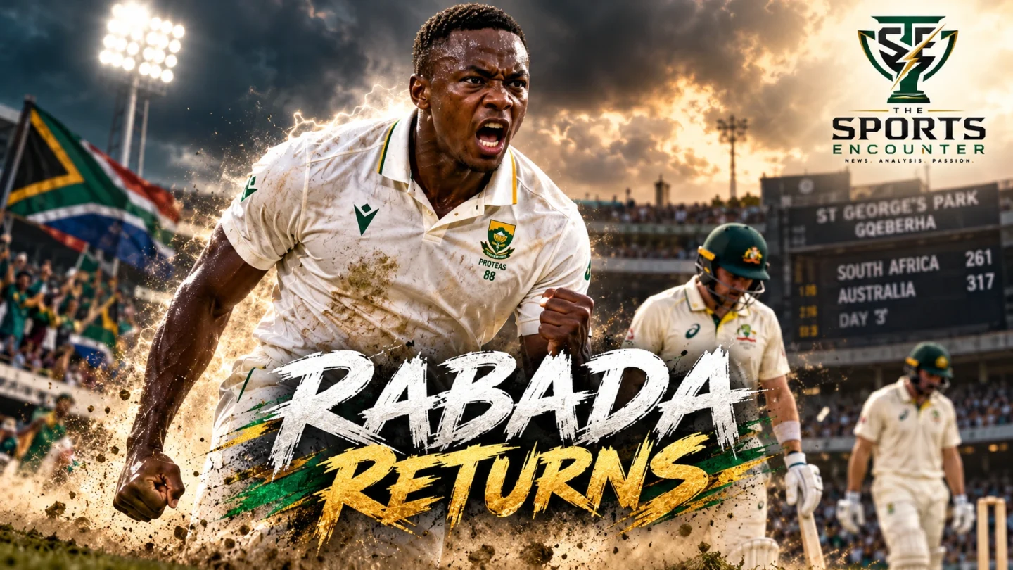 South African fast bowler Kagiso Rabada celebrates in Test whites ahead of his expected return against Australia at St George's Park, Gqeberha, in October 2026.