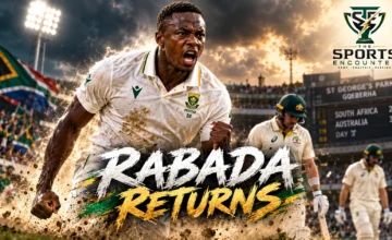 South African fast bowler Kagiso Rabada celebrates in Test whites ahead of his expected return against Australia at St George's Park, Gqeberha, in October 2026.