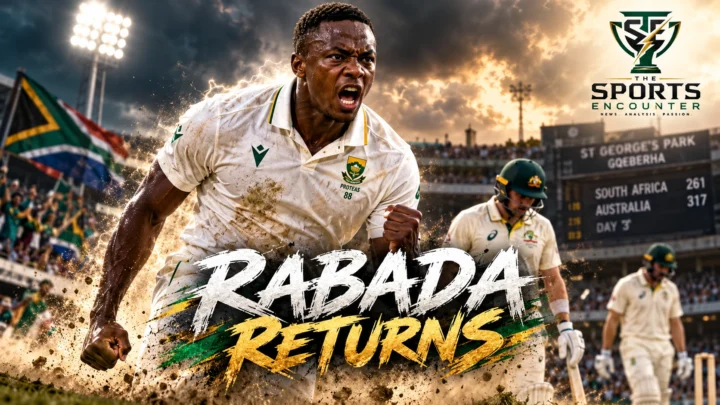 South African fast bowler Kagiso Rabada celebrates in Test whites ahead of his expected return against Australia at St George's Park, Gqeberha, in October 2026.