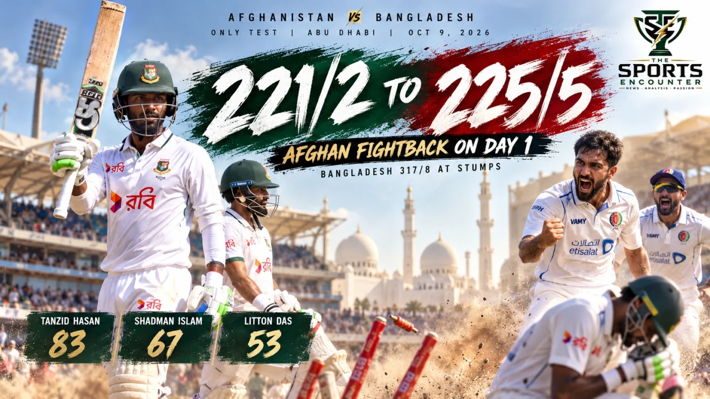 Tanzid Hasan batting for Bangladesh and Afghanistan bowler Ismat Alam in an illustrated day-one graphic for the October 9, 2026 Test in Abu Dhabi.