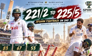 Tanzid Hasan batting for Bangladesh and Afghanistan bowler Ismat Alam in an illustrated day-one graphic for the October 9, 2026 Test in Abu Dhabi.