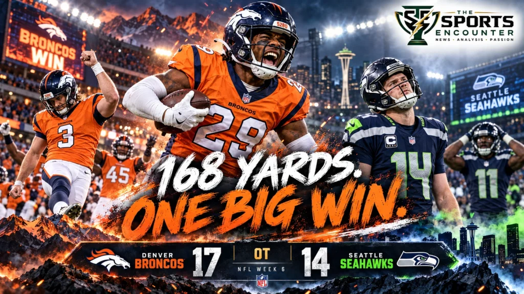 Ja'Quan McMillian celebrating Denver's overtime interception against Seattle as Wil Lutz kicks the winning field goal in the Broncos' 17-14 victory on October 15, 2026.