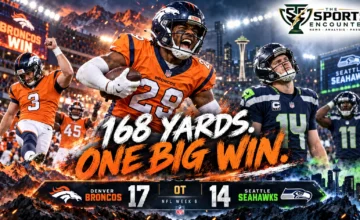 Ja'Quan McMillian celebrating Denver's overtime interception against Seattle as Wil Lutz kicks the winning field goal in the Broncos' 17-14 victory on October 15, 2026.