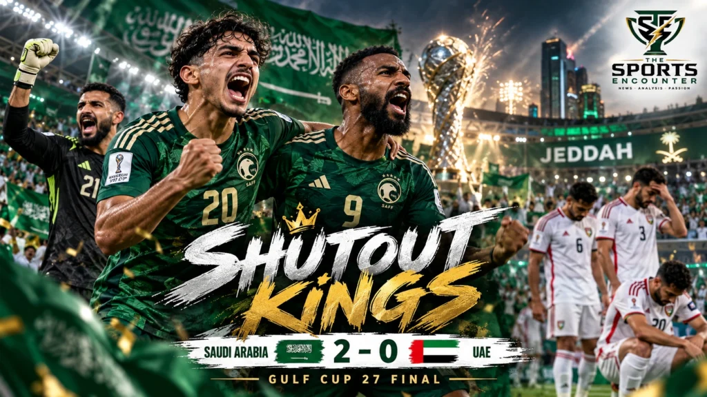 Saudi Arabia players celebrate their 2-0 Gulf Cup 27 final victory over the United Arab Emirates in Jeddah after winning the tournament without conceding a goal.