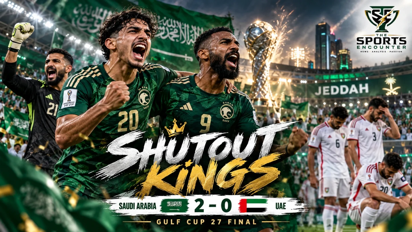 Saudi Arabia players celebrate their 2-0 Gulf Cup 27 final victory over the United Arab Emirates in Jeddah after winning the tournament without conceding a goal.