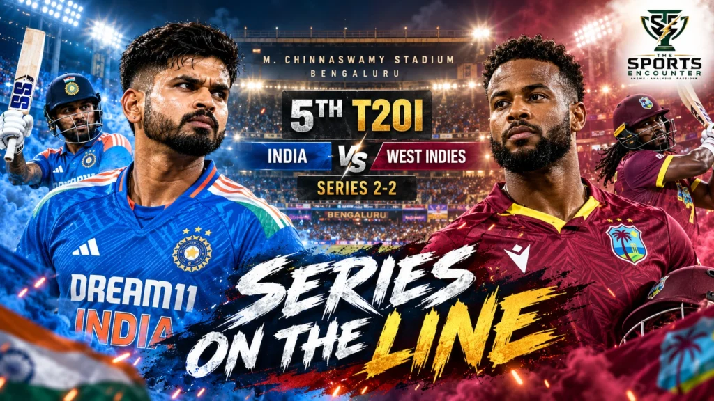 India captain Shreyas Iyer and West Indies captain Shai Hope featured in a Bengaluru fifth T20I series-decider graphic, with the five-match series level at 2-2.