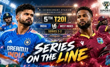 India captain Shreyas Iyer and West Indies captain Shai Hope featured in a Bengaluru fifth T20I series-decider graphic, with the five-match series level at 2-2.