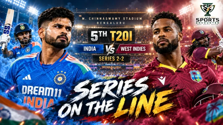 India captain Shreyas Iyer and West Indies captain Shai Hope featured in a Bengaluru fifth T20I series-decider graphic, with the five-match series level at 2-2.