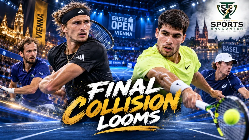 Cinematic tennis illustration featuring Alexander Zverev and Carlos Alcaraz competing at the 2026 Vienna Open, alongside Daniil Medvedev and Taylor Fritz, with The Sports Encounter's official logo.
