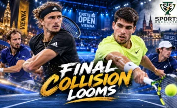 Cinematic tennis illustration featuring Alexander Zverev and Carlos Alcaraz competing at the 2026 Vienna Open, alongside Daniil Medvedev and Taylor Fritz, with The Sports Encounter's official logo.