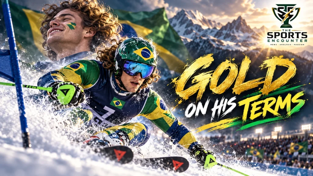 Brazilian Alpine skier Lucas Pinheiro Braathen celebrating his historic giant slalom gold medal at the Milano Cortina 2026 Winter Olympics in Bormio, Italy.