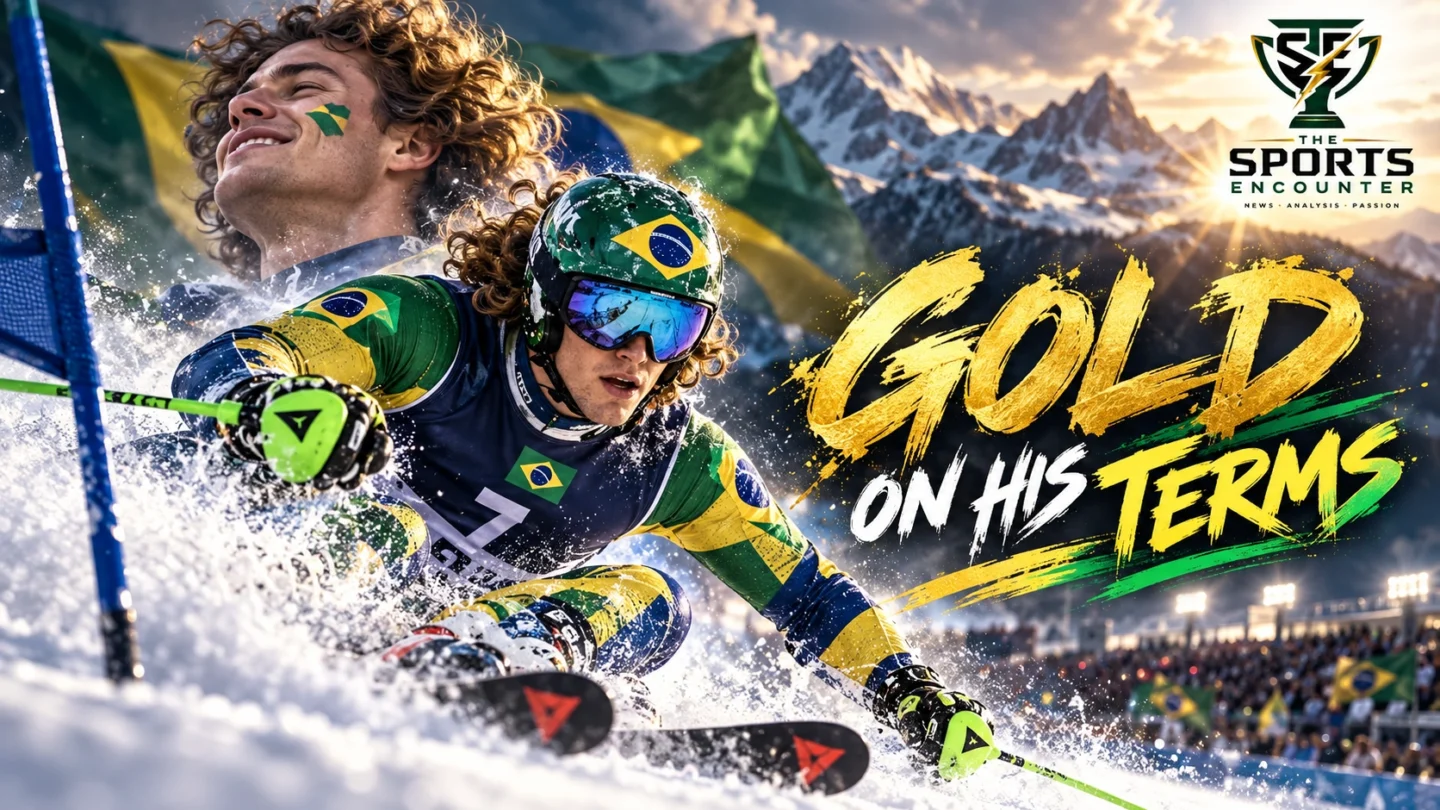 Brazilian Alpine skier Lucas Pinheiro Braathen celebrating his historic giant slalom gold medal at the Milano Cortina 2026 Winter Olympics in Bormio, Italy.
