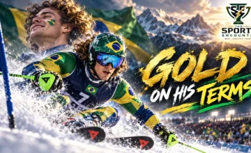 Brazilian Alpine skier Lucas Pinheiro Braathen celebrating his historic giant slalom gold medal at the Milano Cortina 2026 Winter Olympics in Bormio, Italy.