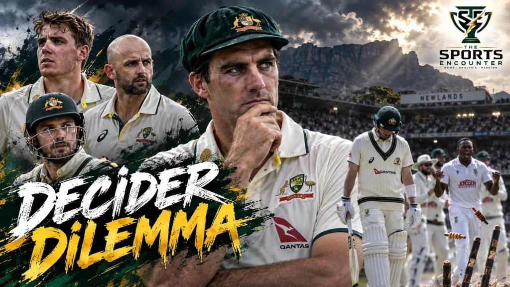 Australia captain Pat Cummins and teammates react during their innings-and-31-run defeat against South Africa in Gqeberha, ahead of the deciding third Test at Newlands, Cape Town, in October 2026.