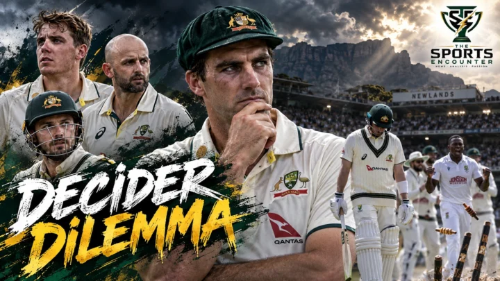 Australia captain Pat Cummins and teammates react during their innings-and-31-run defeat against South Africa in Gqeberha, ahead of the deciding third Test at Newlands, Cape Town, in October 2026.
