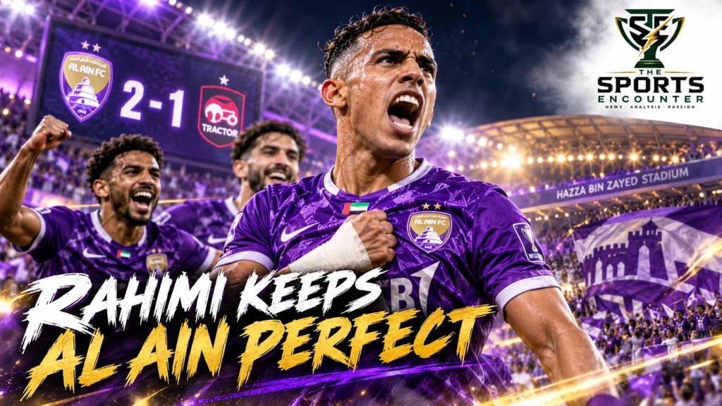 Cinematic editorial illustration of Houssine Rahimi celebrating Al Ain's 2-1 AFC Champions League Elite victory over Tractor on October 26, 2026, with the official TSE logo.