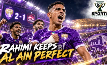 Cinematic editorial illustration of Houssine Rahimi celebrating Al Ain's 2-1 AFC Champions League Elite victory over Tractor on October 26, 2026, with the official TSE logo.