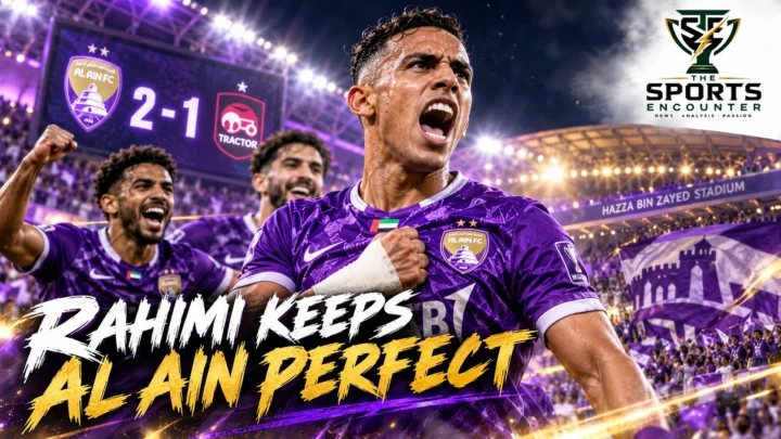 Cinematic editorial illustration of Houssine Rahimi celebrating Al Ain's 2-1 AFC Champions League Elite victory over Tractor on October 26, 2026, with the official TSE logo.