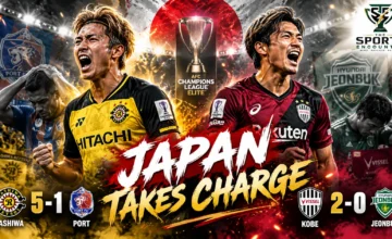 Kashiwa Reysol and Vissel Kobe players celebrating their October 14, 2026 AFC Champions League Elite victories over Port FC and Jeonbuk Hyundai Motors.