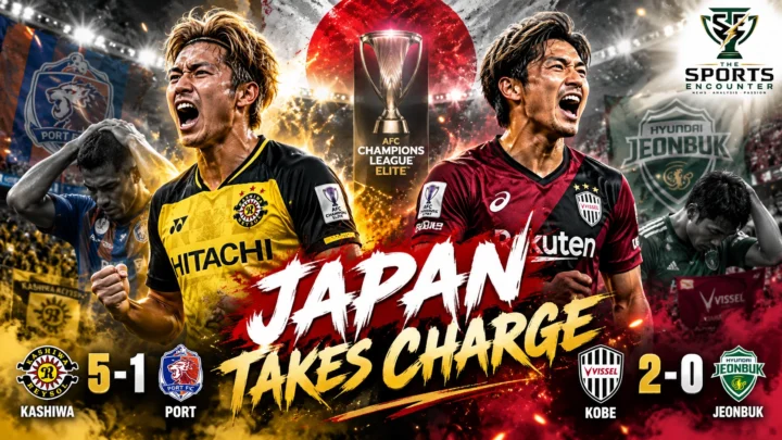 Kashiwa Reysol and Vissel Kobe players celebrating their October 14, 2026 AFC Champions League Elite victories over Port FC and Jeonbuk Hyundai Motors.