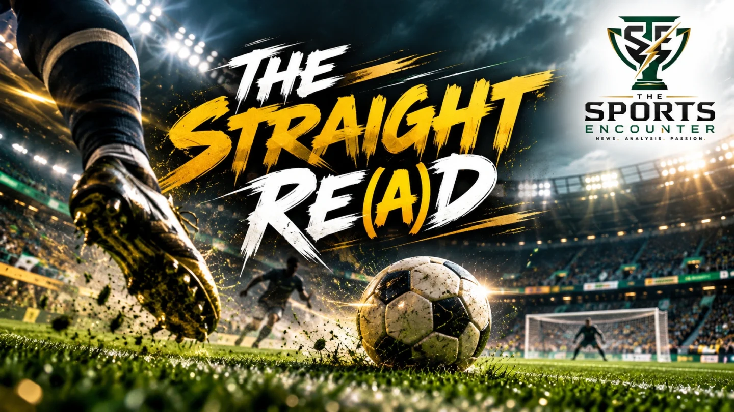 Cinematic football stadium scene featuring a soccer ball on the pitch, dramatic floodlights, player silhouettes, The Straight Re(a)d title, and The Sports Encounter logo in the top-right corner.