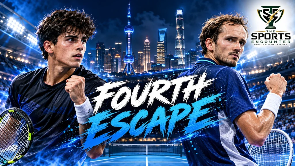 Rafael Jodar and Daniil Medvedev featured in a Shanghai Masters 2026 semifinal matchup graphic highlighting Jodar's four comeback victories.