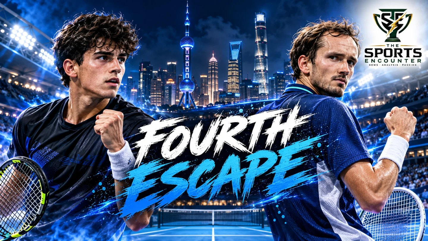 Rafael Jodar and Daniil Medvedev featured in a Shanghai Masters 2026 semifinal matchup graphic highlighting Jodar's four comeback victories.