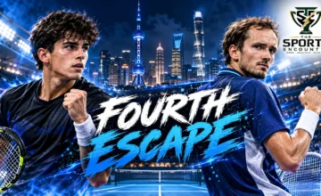 Rafael Jodar and Daniil Medvedev featured in a Shanghai Masters 2026 semifinal matchup graphic highlighting Jodar's four comeback victories.