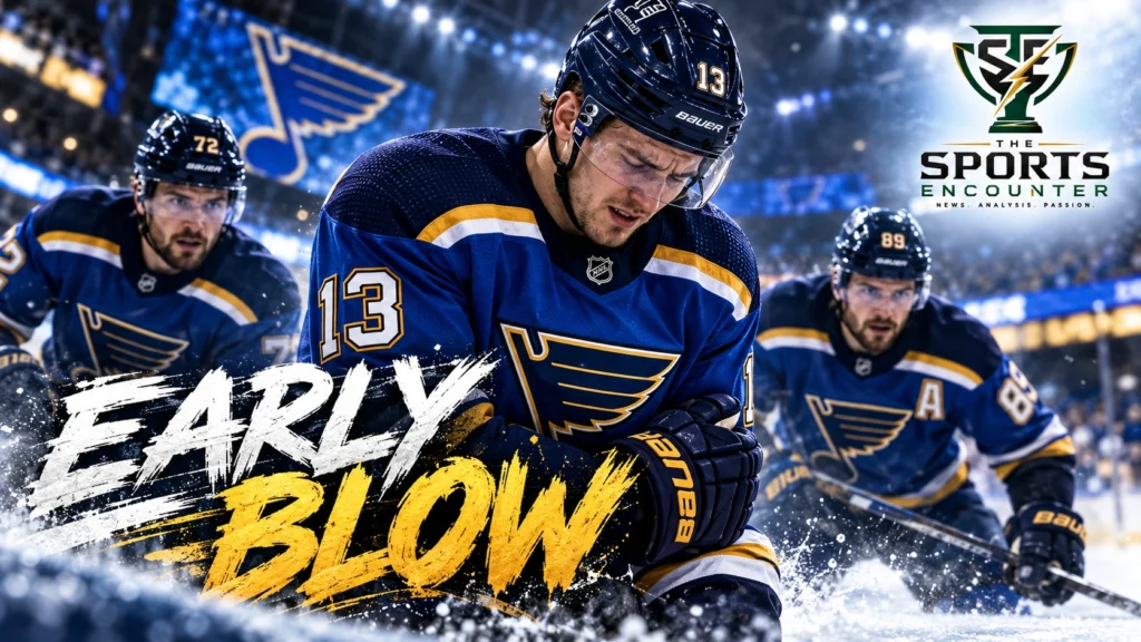 Alexey Toropchenko of the St. Louis Blues leaves the ice after an upper-body injury that will keep him out at least six weeks.