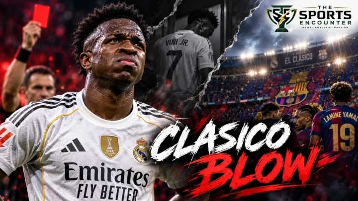 Vinícius Júnior in his Real Madrid jersey looking frustrated following his dismissal against Villarreal, illustrating the suspension that rules him out of El Clásico.