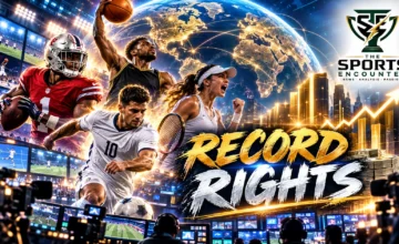 Cinematic sports broadcasting illustration featuring football, basketball and soccer stadiums alongside television screens and the $65.8 billion global media rights record.