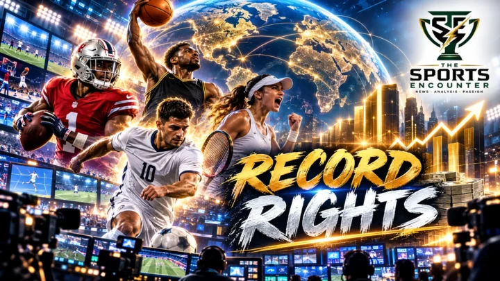 Cinematic sports broadcasting illustration featuring football, basketball and soccer stadiums alongside television screens and the $65.8 billion global media rights record.