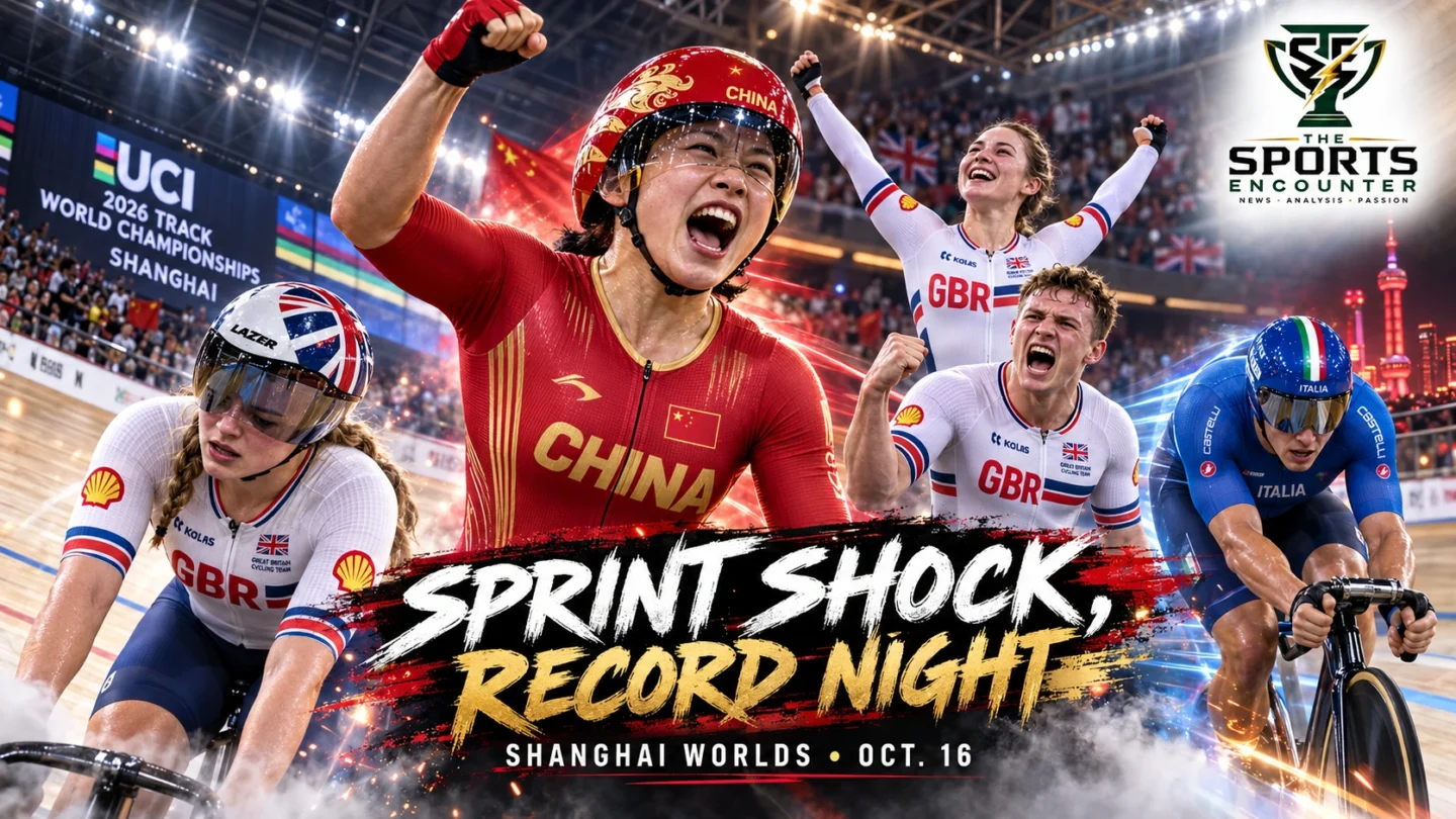 Yuan Liying celebrates her sprint victory at the 2026 UCI Track World Championships in Shanghai, alongside Emma Finucane, Anna Morris, Mark Stewart and Jonathan Milan, in a cinematic TSE graphic highlighting Britain's two gold medals and Milan's world record.