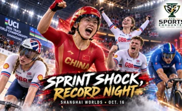 Yuan Liying celebrates her sprint victory at the 2026 UCI Track World Championships in Shanghai, alongside Emma Finucane, Anna Morris, Mark Stewart and Jonathan Milan, in a cinematic TSE graphic highlighting Britain's two gold medals and Milan's world record.