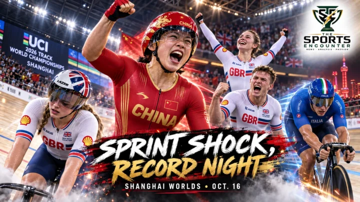 Yuan Liying celebrates her sprint victory at the 2026 UCI Track World Championships in Shanghai, alongside Emma Finucane, Anna Morris, Mark Stewart and Jonathan Milan, in a cinematic TSE graphic highlighting Britain's two gold medals and Milan's world record.