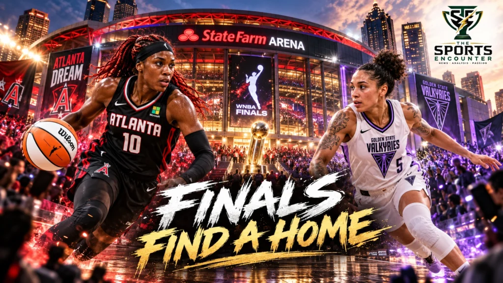 Atlanta's State Farm Arena illuminated for the 2026 WNBA Finals between the Atlanta Dream and Golden State Valkyries.