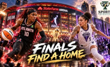 Atlanta's State Farm Arena illuminated for the 2026 WNBA Finals between the Atlanta Dream and Golden State Valkyries.