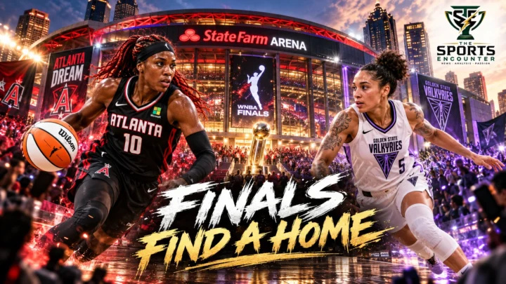 Atlanta's State Farm Arena illuminated for the 2026 WNBA Finals between the Atlanta Dream and Golden State Valkyries.