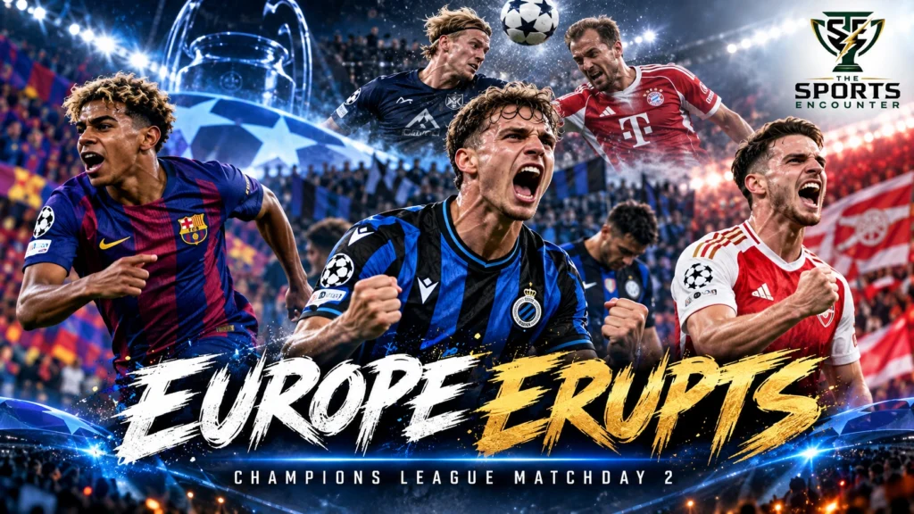 Cinematic Champions League Matchday 2 montage showing Club Brugge's upset of Inter, Barcelona and Arsenal victories, and Viking's dramatic draw against Bayern Munich on October 13, 2026.