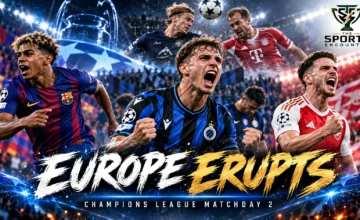 Cinematic Champions League Matchday 2 montage showing Club Brugge's upset of Inter, Barcelona and Arsenal victories, and Viking's dramatic draw against Bayern Munich on October 13, 2026.