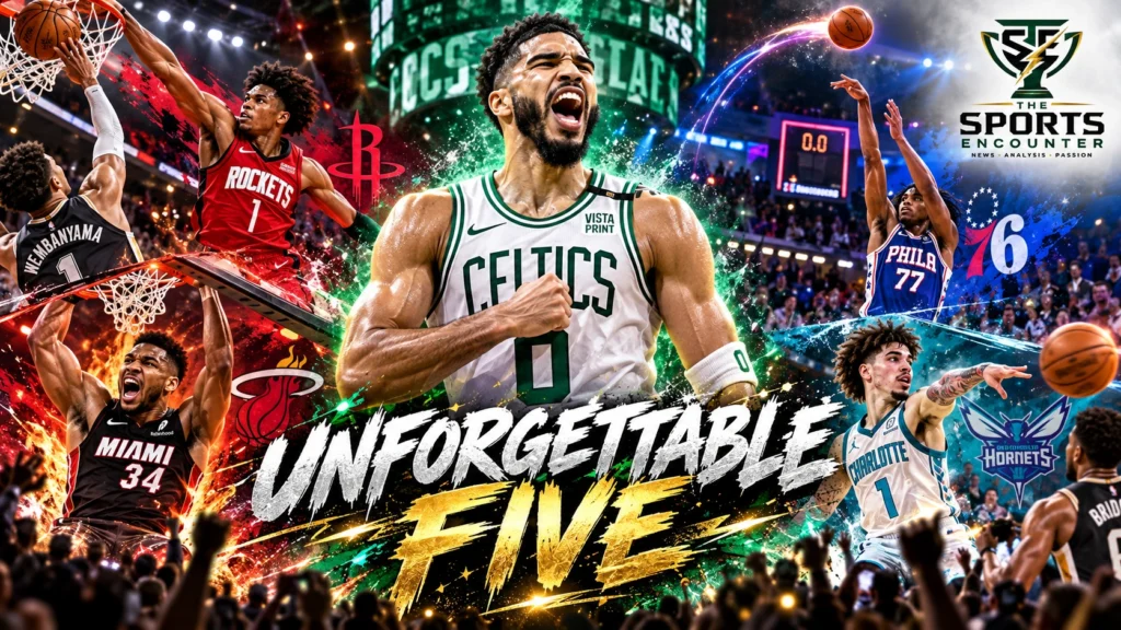 Cinematic editorial collage of Jayson Tatum, Amen Thompson and Giannis Antetokounmpo representing five memorable NBA plays from October 2026, with The Sports Encounter logo.