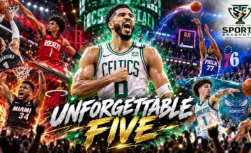 Cinematic editorial collage of Jayson Tatum, Amen Thompson and Giannis Antetokounmpo representing five memorable NBA plays from October 2026, with The Sports Encounter logo.