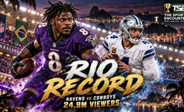 Baltimore Ravens and Dallas Cowboys players under the lights at Maracanã Stadium in Rio de Janeiro as their 2026 NFL international game draws a record 24.9 million viewers.