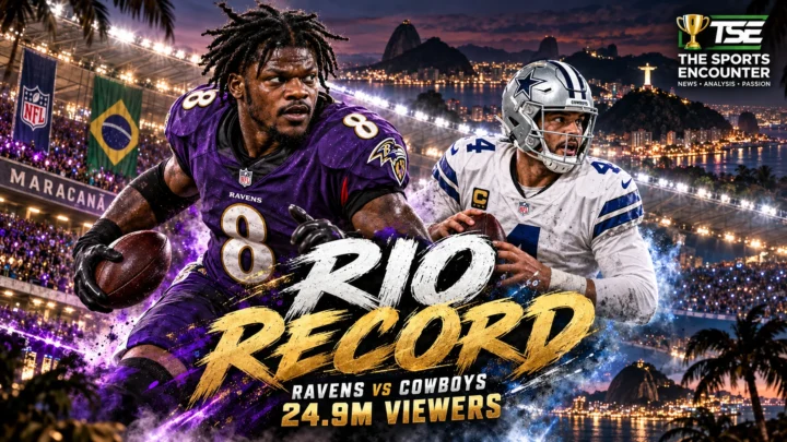 Baltimore Ravens and Dallas Cowboys players under the lights at Maracanã Stadium in Rio de Janeiro as their 2026 NFL international game draws a record 24.9 million viewers.