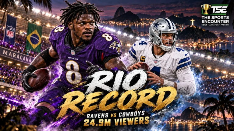 Baltimore Ravens and Dallas Cowboys players under the lights at Maracanã Stadium in Rio de Janeiro as their 2026 NFL international game draws a record 24.9 million viewers.
