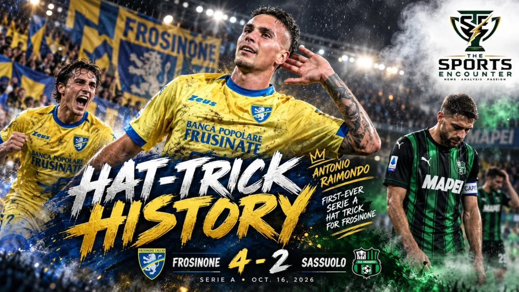 Antonio Raimondo celebrates in Frosinone's yellow-and-blue kit after scoring a historic hat trick against Sassuolo in a 4-2 Serie A victory at Stadio Benito Stirpe on October 16, 2026.