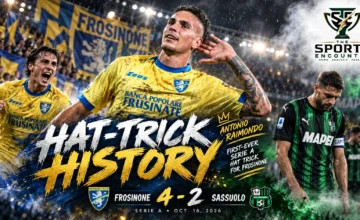 Antonio Raimondo celebrates in Frosinone's yellow-and-blue kit after scoring a historic hat trick against Sassuolo in a 4-2 Serie A victory at Stadio Benito Stirpe on October 16, 2026.