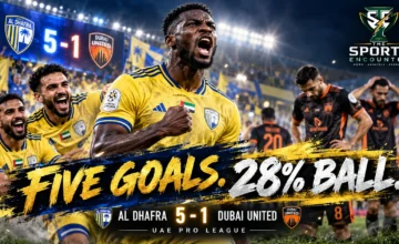 Al Dhafra players celebrating their 5-1 UAE Pro League victory over Dubai United, featuring Sory Kaba's two-goal performance.