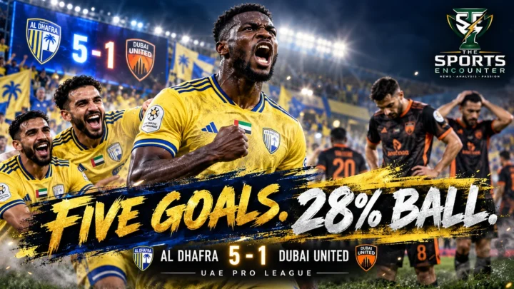 Al Dhafra players celebrating their 5-1 UAE Pro League victory over Dubai United, featuring Sory Kaba's two-goal performance.